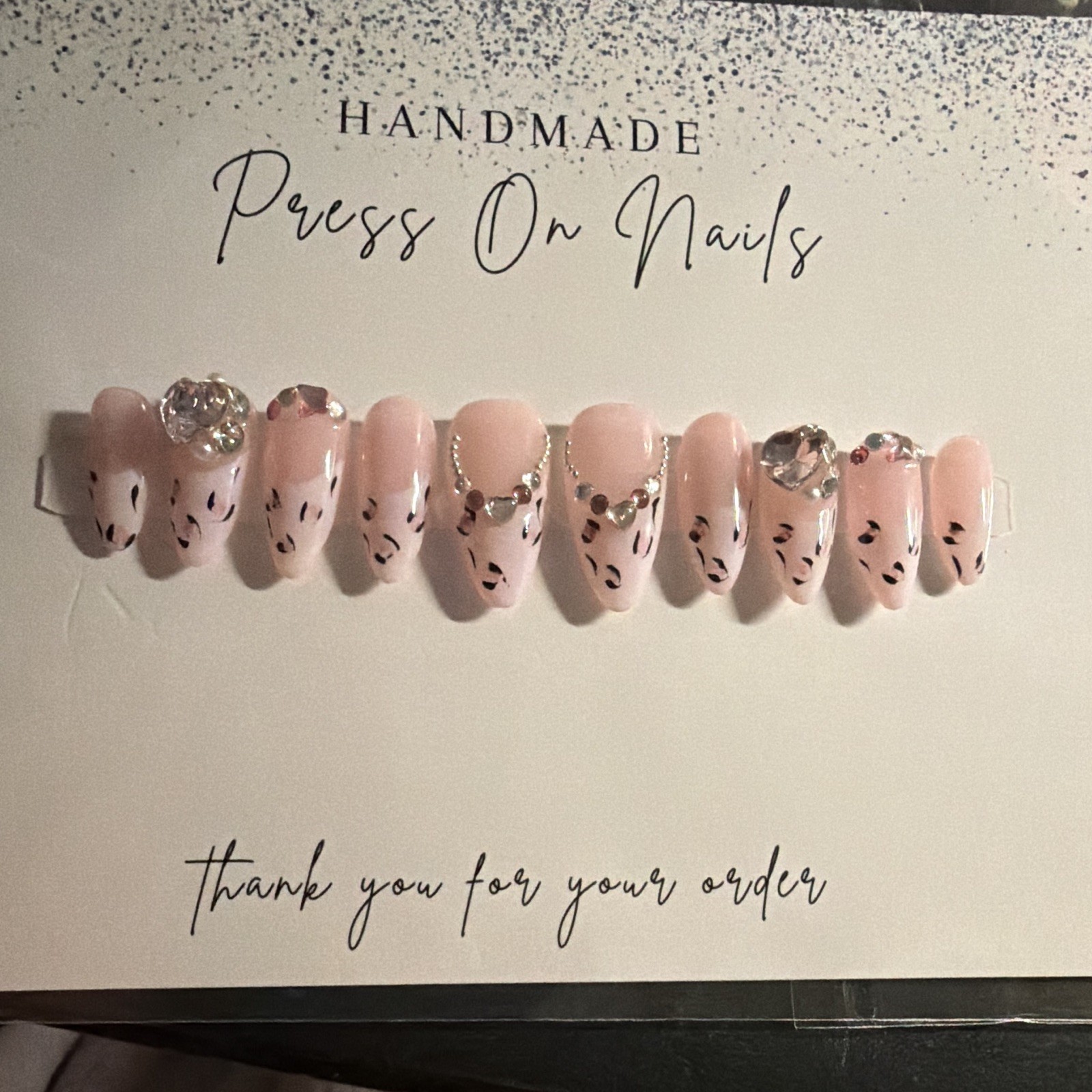 Handmade Press-On Nails Full Cover Medium Coffin Pink Black Leopard 3D Shiny