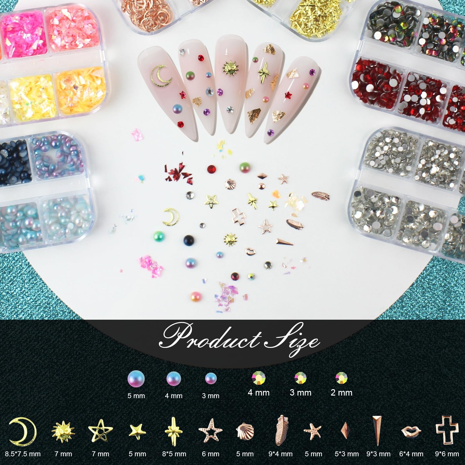 Nail Art Glitter Studs Kit 6 Boxes Multicolor 3D Charms 15 Sheets Gold Stickers