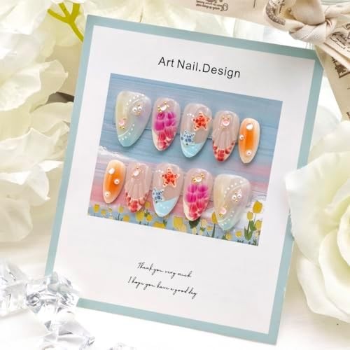 24Pcs Summer Ocean Press on Nails Short Almond French Tip Fake Nails with Pearl