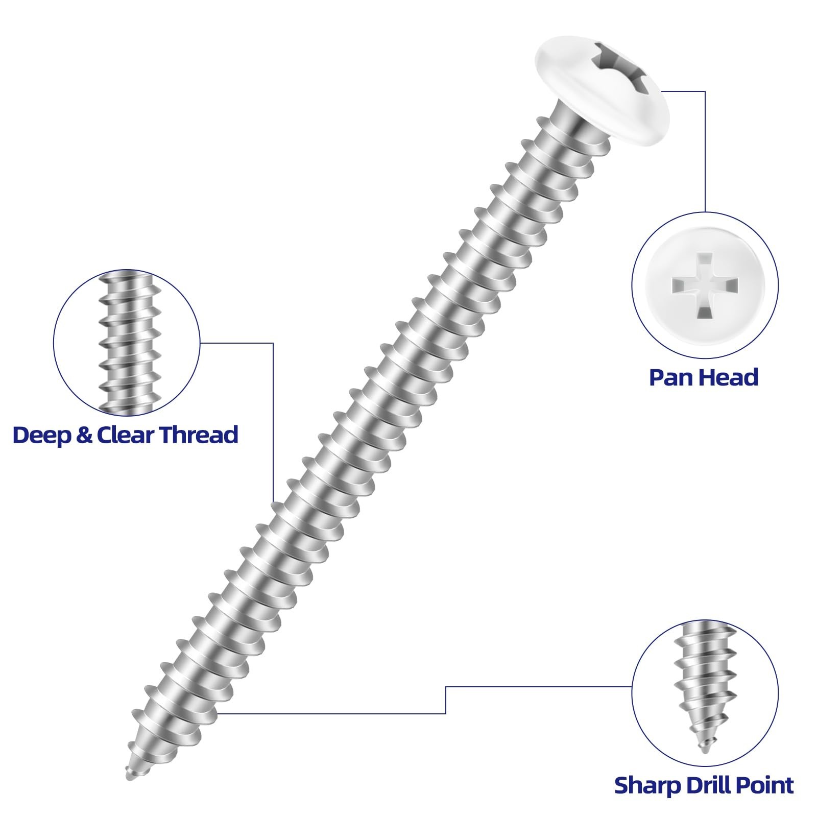 100 PCS #6 x 3/4″ Pan Head Self Tapping Screws, White Head Wood Screw, 304 St…