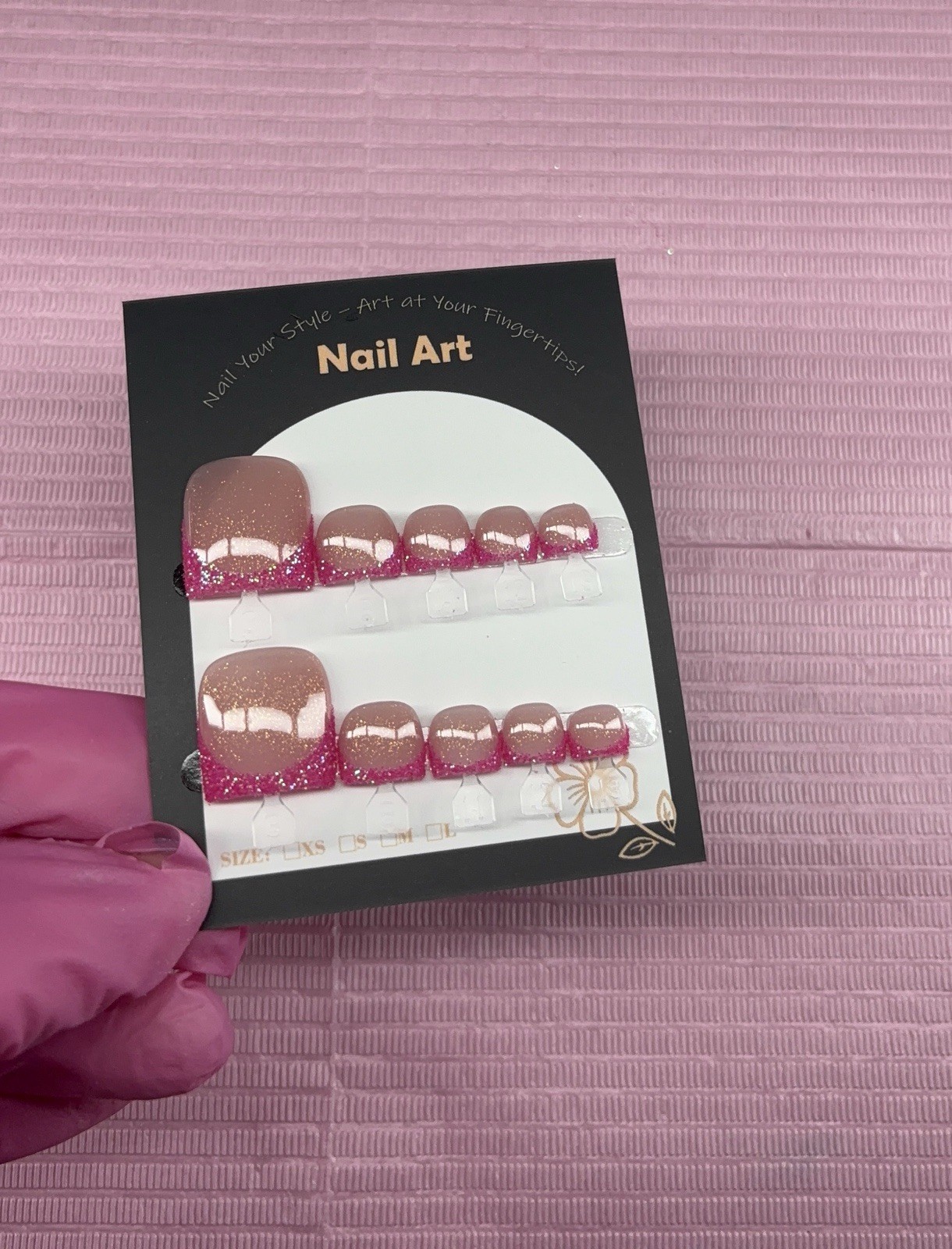 press on toenails pink glitter french tips nude handmade custom builder gel