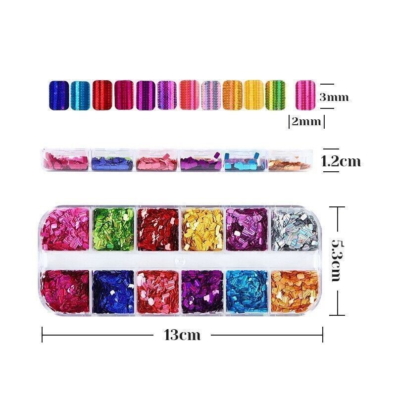 12 Grids Rectangle Nail sequins Glitter Flakes Slices False Nail Art Tips Decor