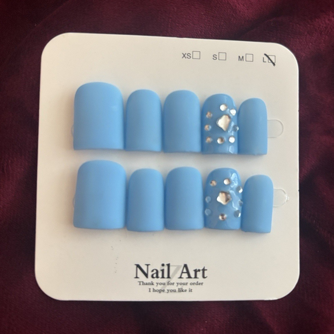 Press-On Nails Set Blue Matte Rhinestones Pre-Designed Long Square Full Cover