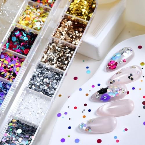 12 Grids Polka Dot Round Sequins Mixed with Colorful Nail Art Glitter Kit – Colo