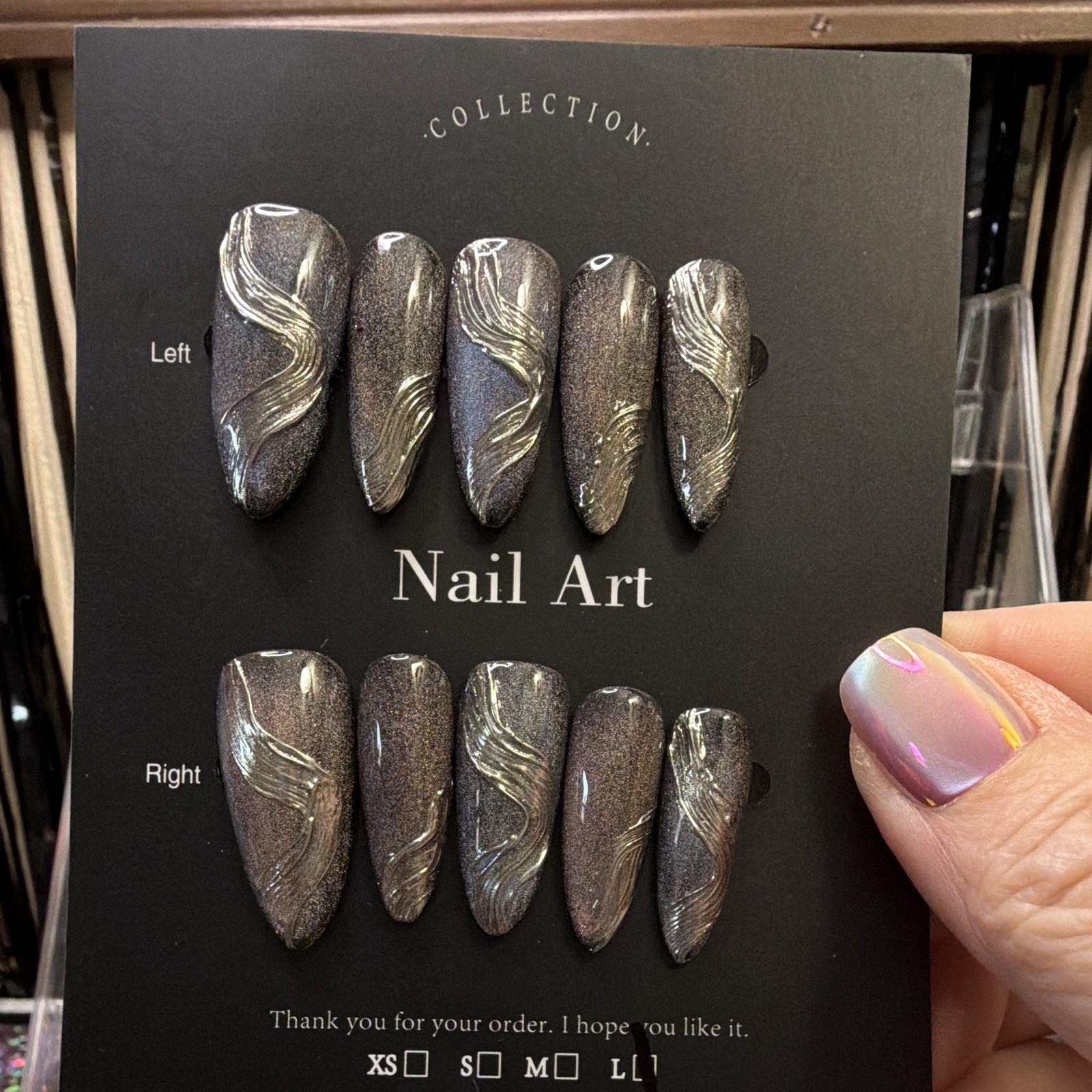 Abstract Coffin Press-On Nails Long Full Cover Gray Silver Shimmer Pre-Designed