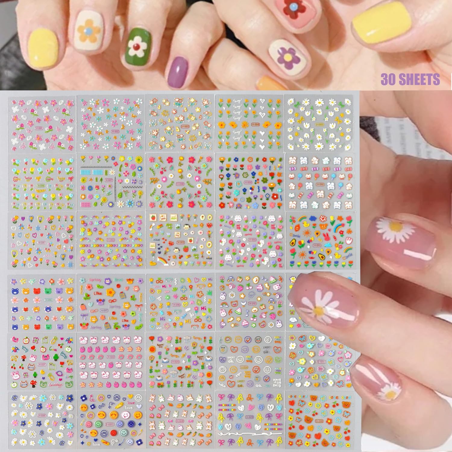 90 Sheets 3D Floral Nail Art Stickers with Rhinestones & Storage Book, 5000 Piec