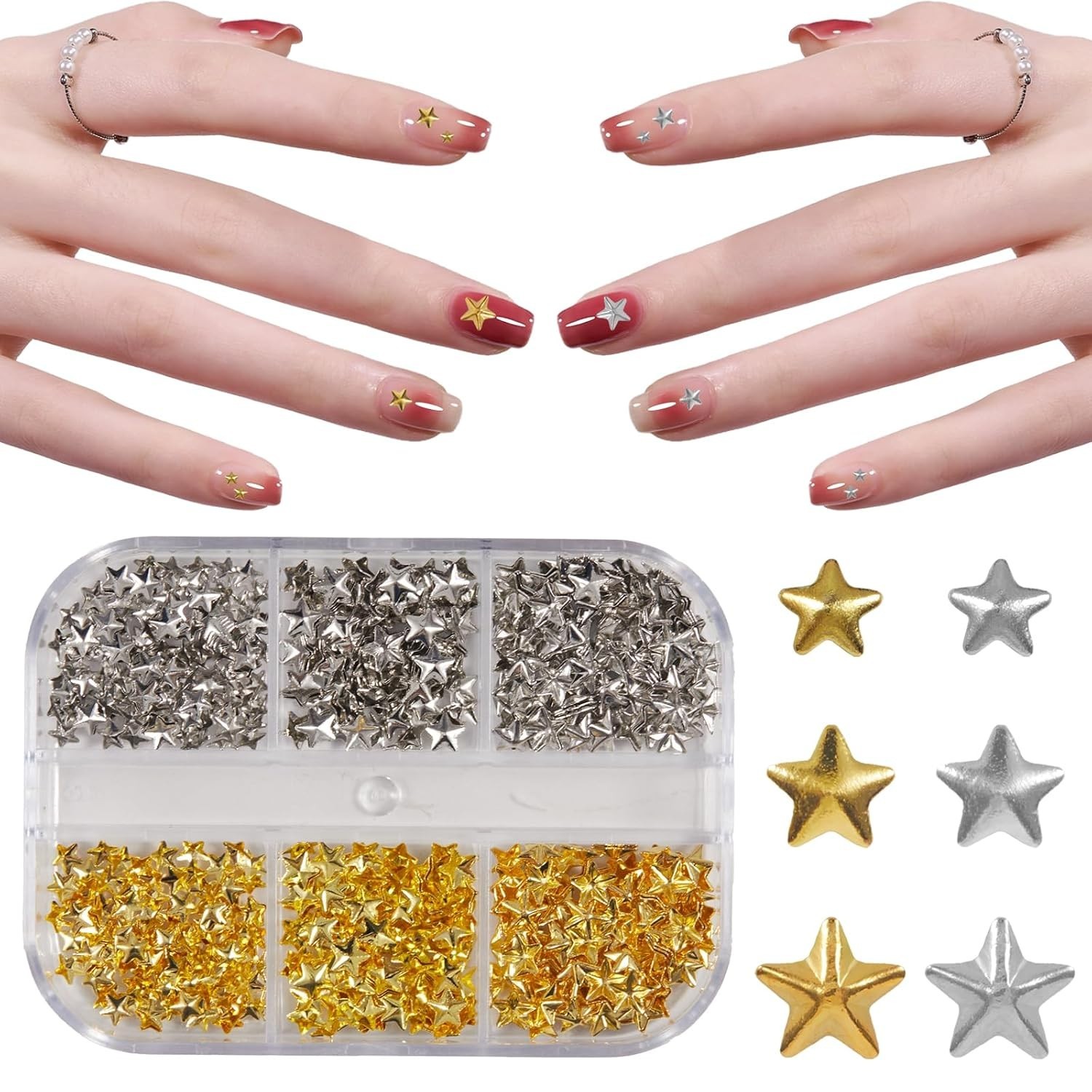300pcs Stars Charms for Nails, 3D Gold and Silver Stars Nail Charms 1 Box 3D …