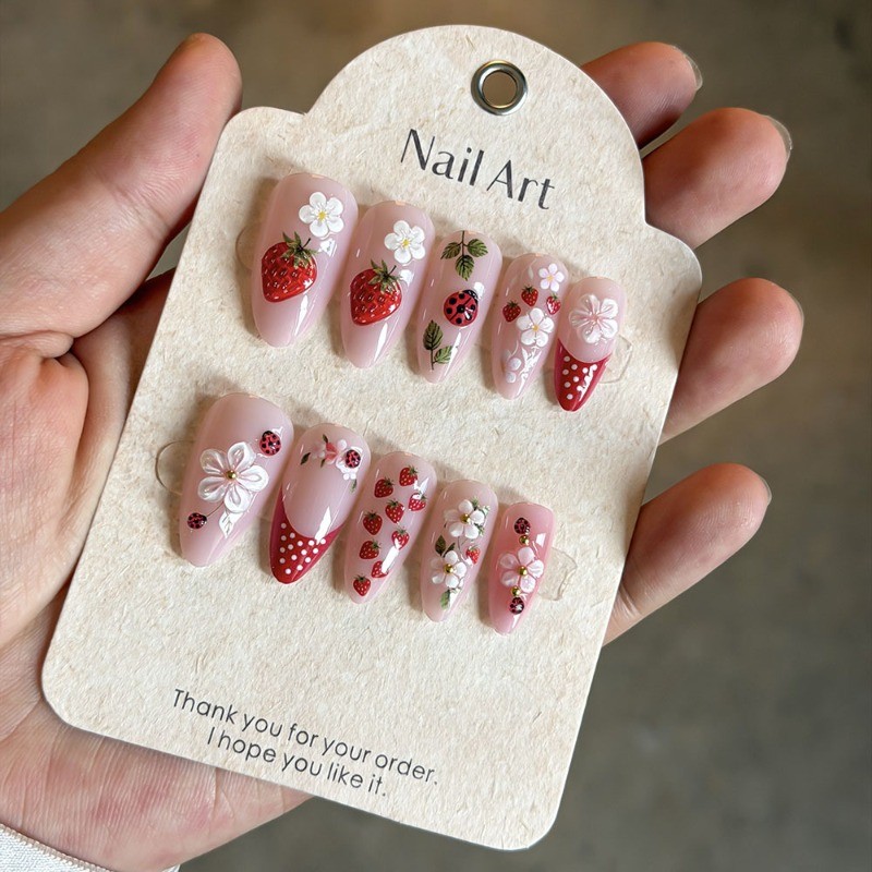 48Pcs-Long Almond Nude Hand Painted Strawberry Ladybug Flower Press on Nails