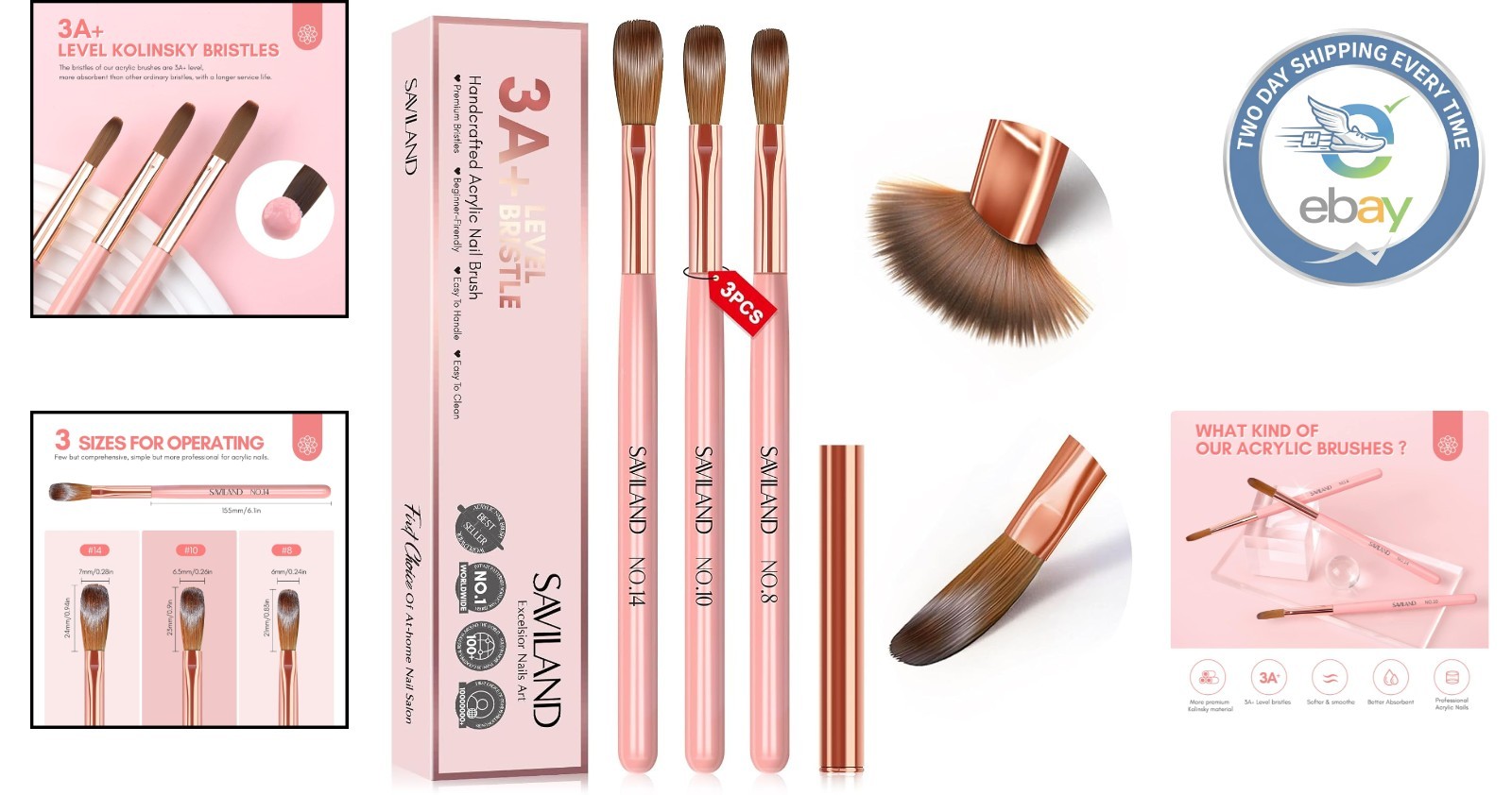 Professional Acrylic Brush Set with Kolinsky Hair for Stunning Nails – 3PCS