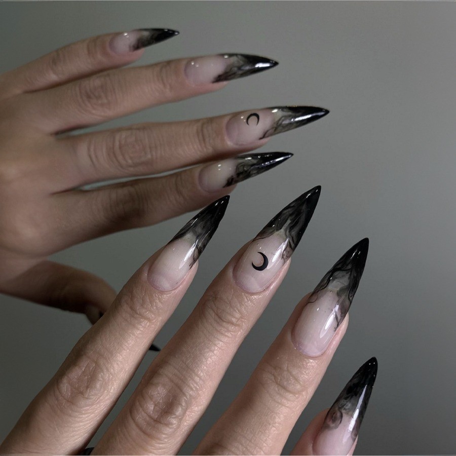 48pcs-Edgy Smoky Press on Nails, Long Stiletto with Nude Base and Black Moon
