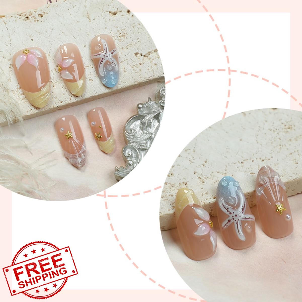 OSTTMA Medium Almond Press on Nails Starfish Shell