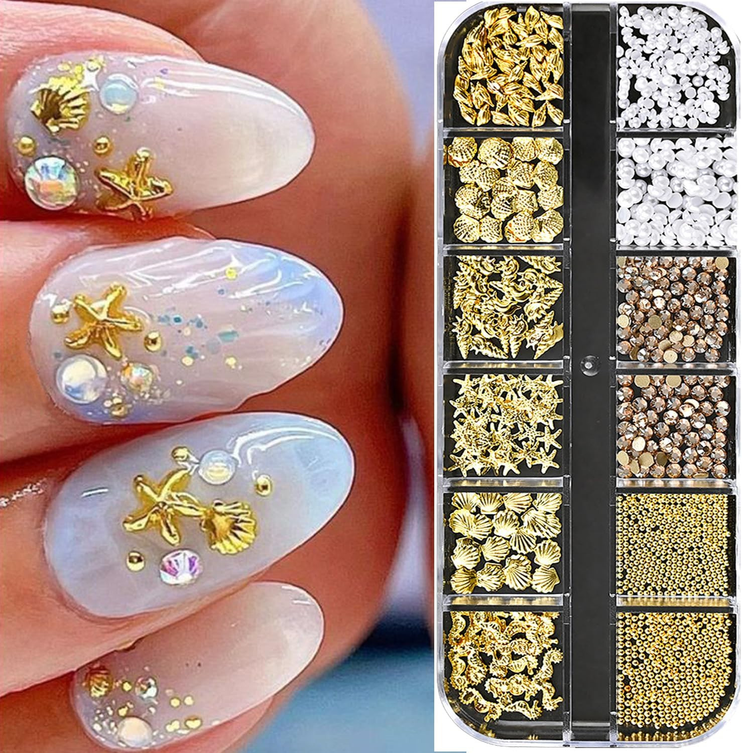 12Grids Summer Metal Nail Art Charms 3D Gold Starfish Shell Conch Nail Charms Sp