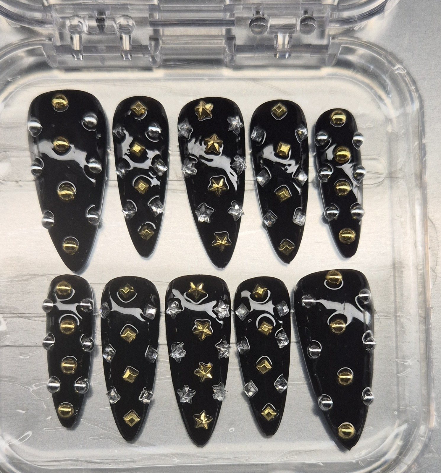 Black Gold Silver Star 3D Stiletto Press-On Nails Pre-Designed Full Cover