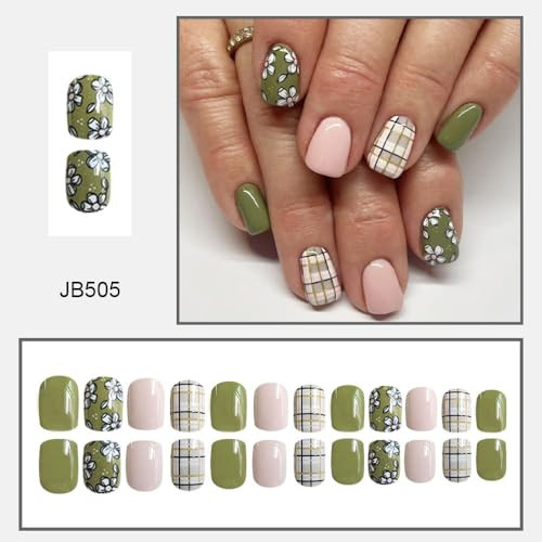 Short Press on Nails Green Square Fake 1 Fl Oz (Pack of 1) Square Flower-31