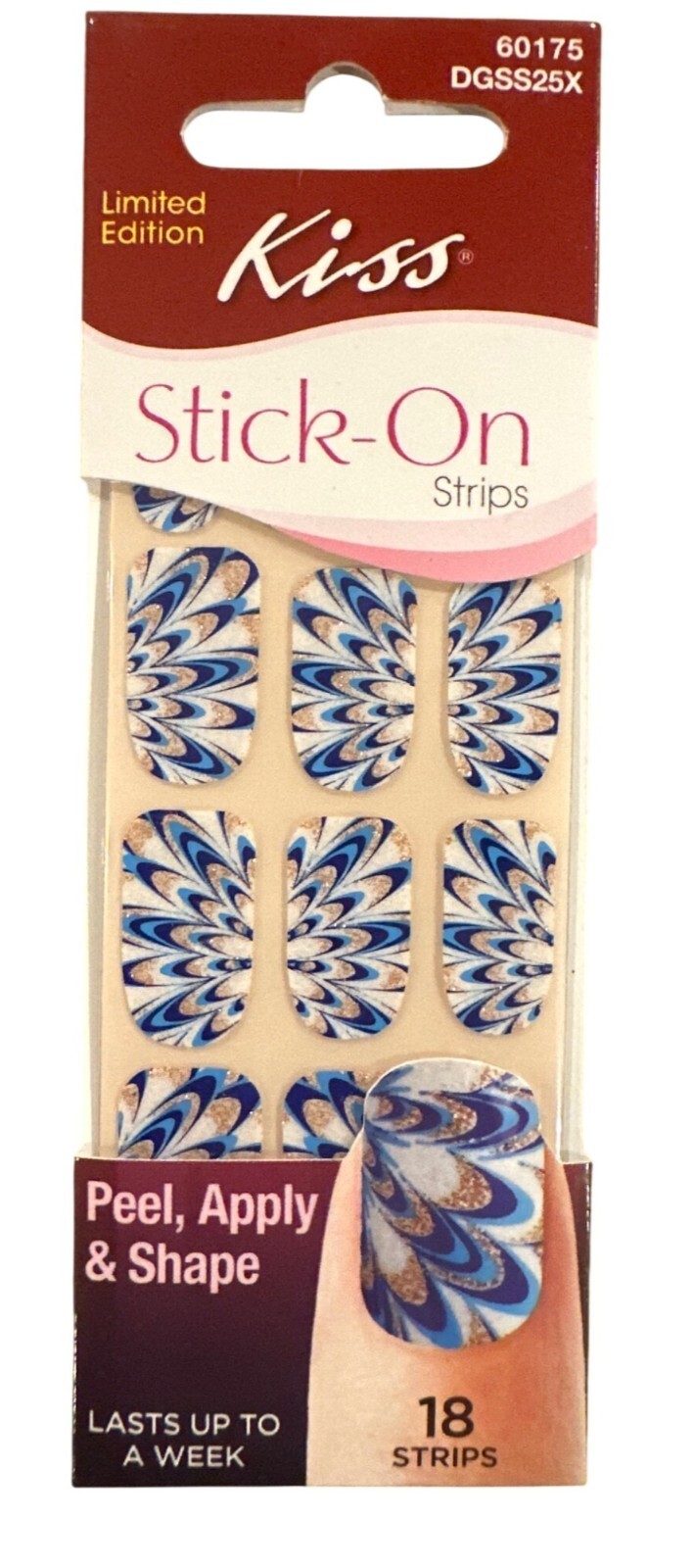 Kiss Stick-On 18 Strips/Nail Stickers Blue+White Feather Artistic Design Lmtd ed