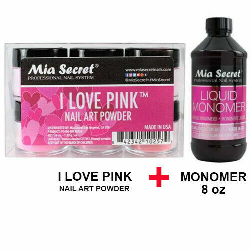 New Mia Secret Monomer 8 Ounce + I LOVE PINK Nail Art Powder 6 Colors Set