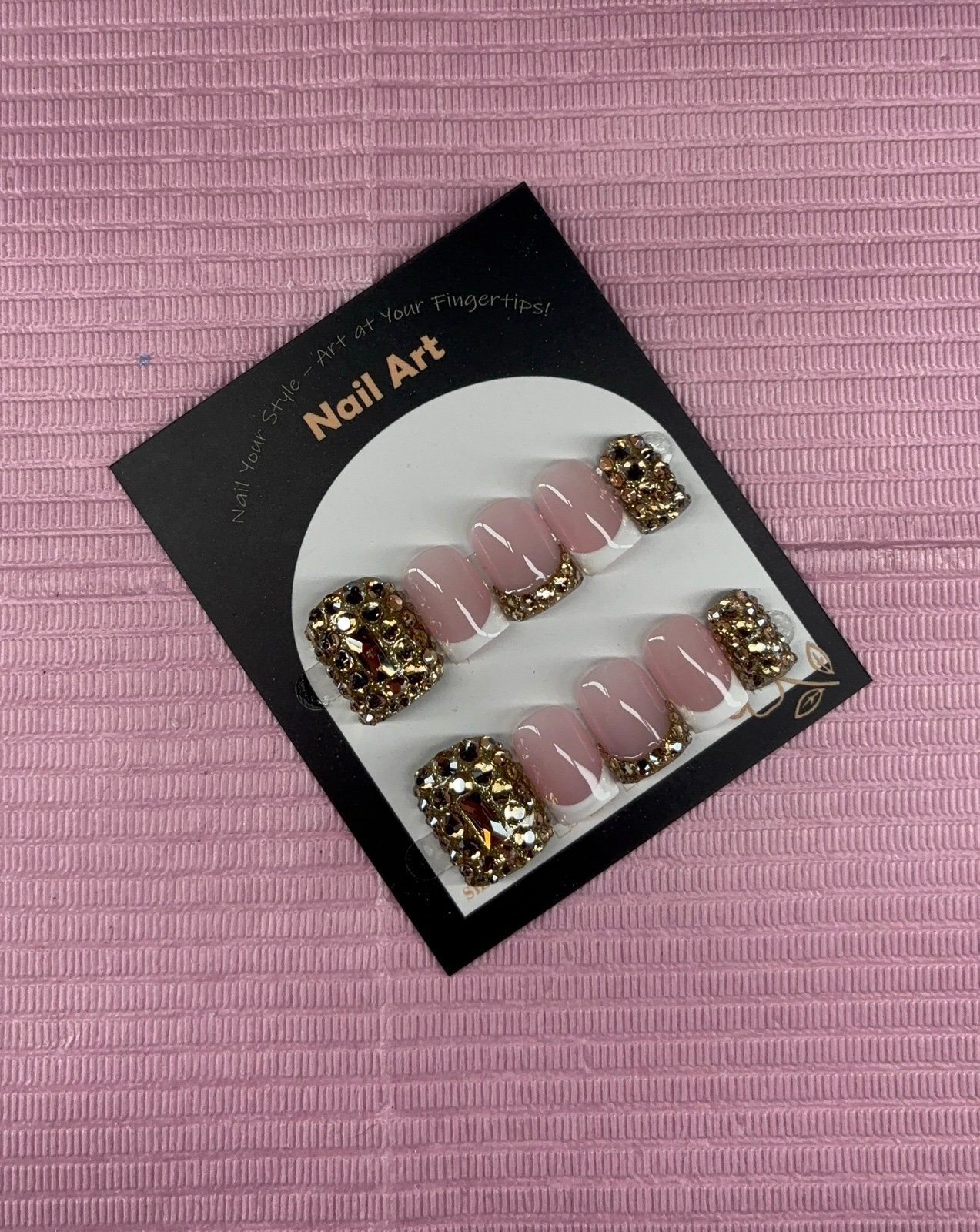 Extra Short square press on nails gold rhinestones white