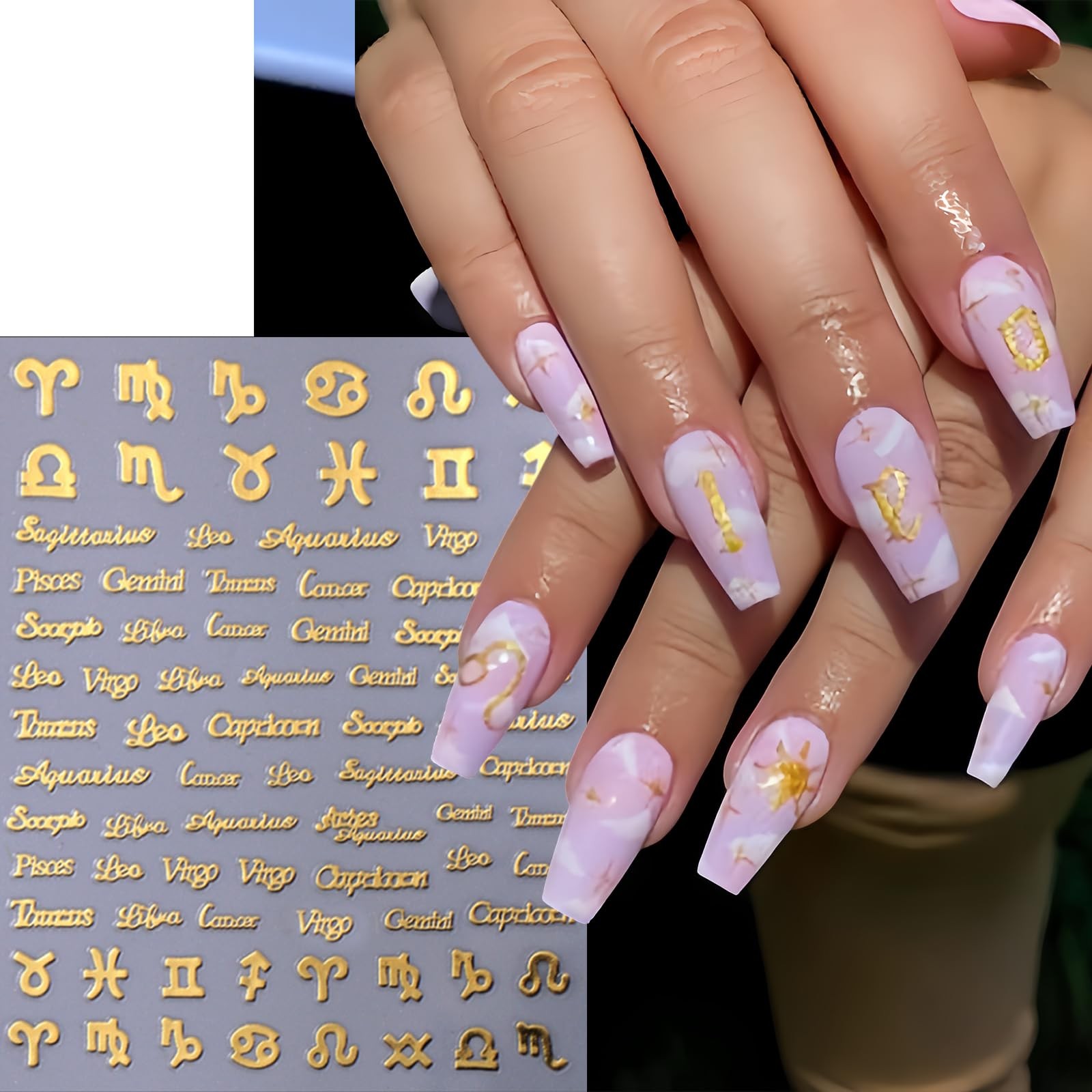SHUXILIN Zodiac Letter Nail Stickers 6 Sheets Gold Silver Pink