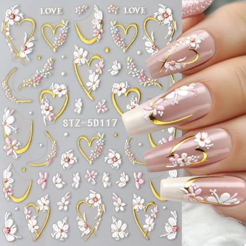 Floral Nail Stickers Gold Heart Nail Decals Spring Nail Art Flower & Heart