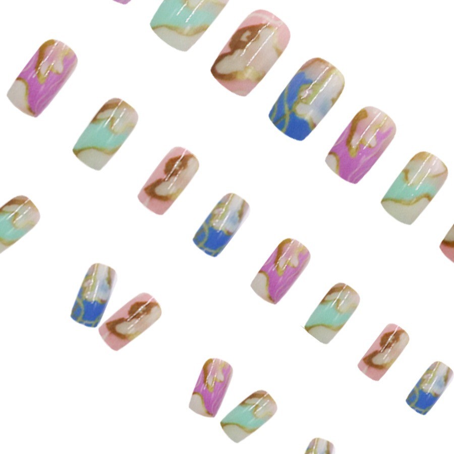 48Pcs-Medium Round Nude Pink Blue Purple Marble Foil Watercolor Press on Nails