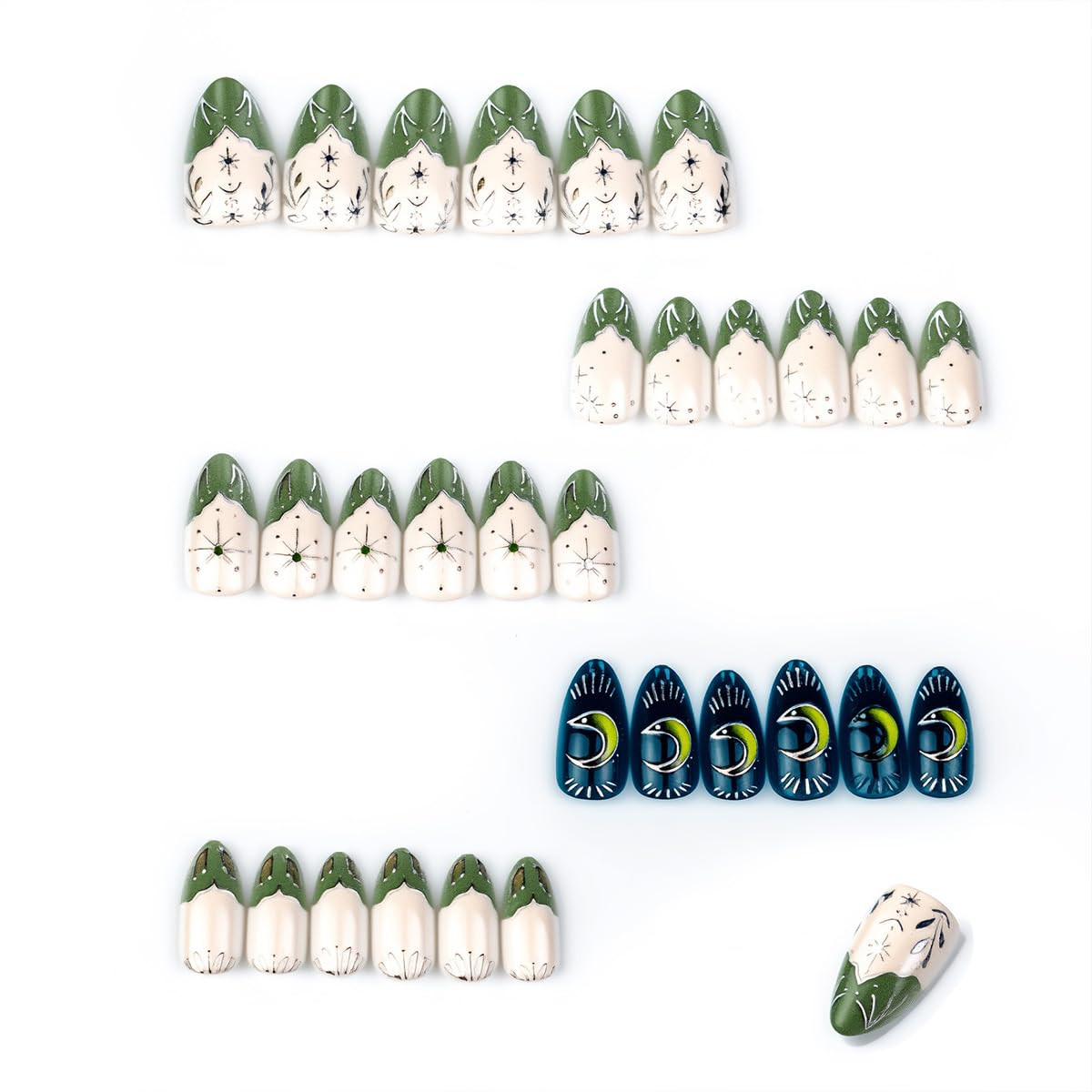 30Pcs Star Press on Nails Medium Almond Fake Nails Green French Tip False Nails