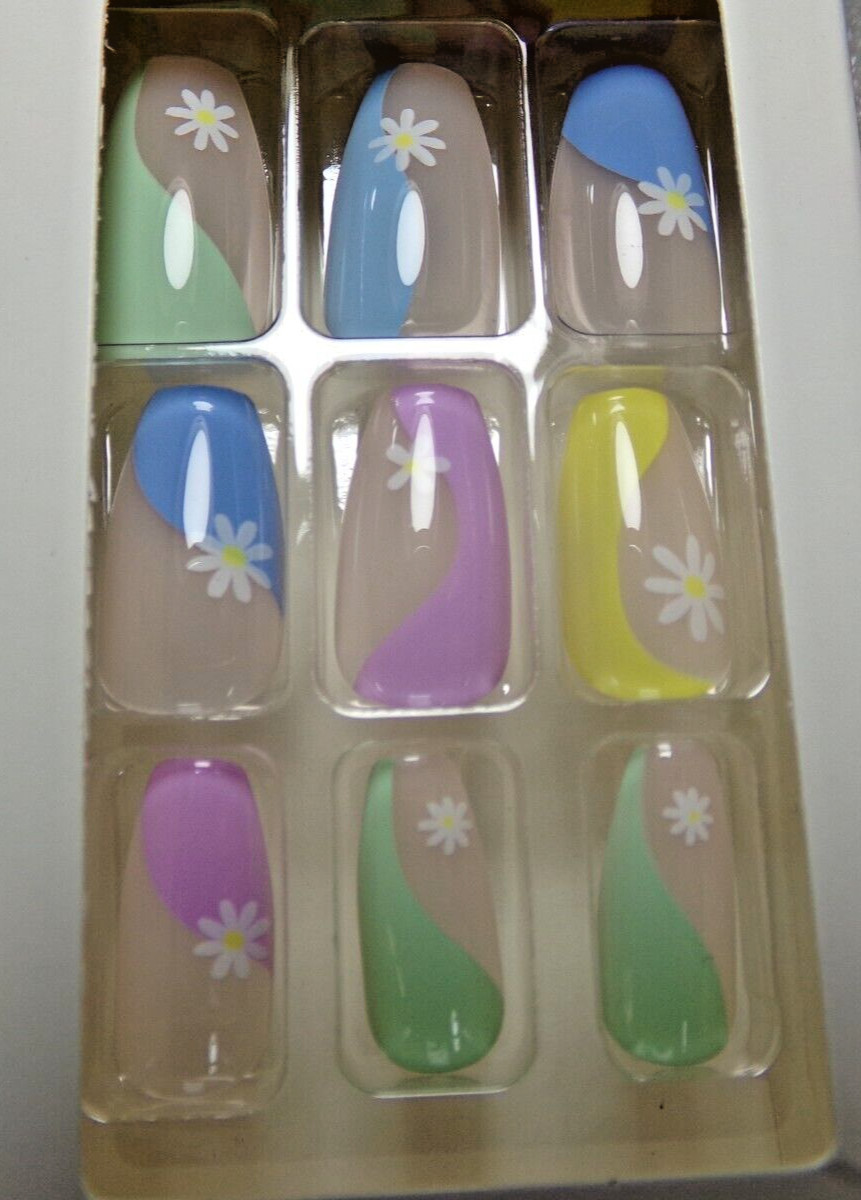 KISS NAILS GLUE ON SHINY PINK, BLUE, YELLOW MEDIUM LENGTH, COFFIN SHAPE