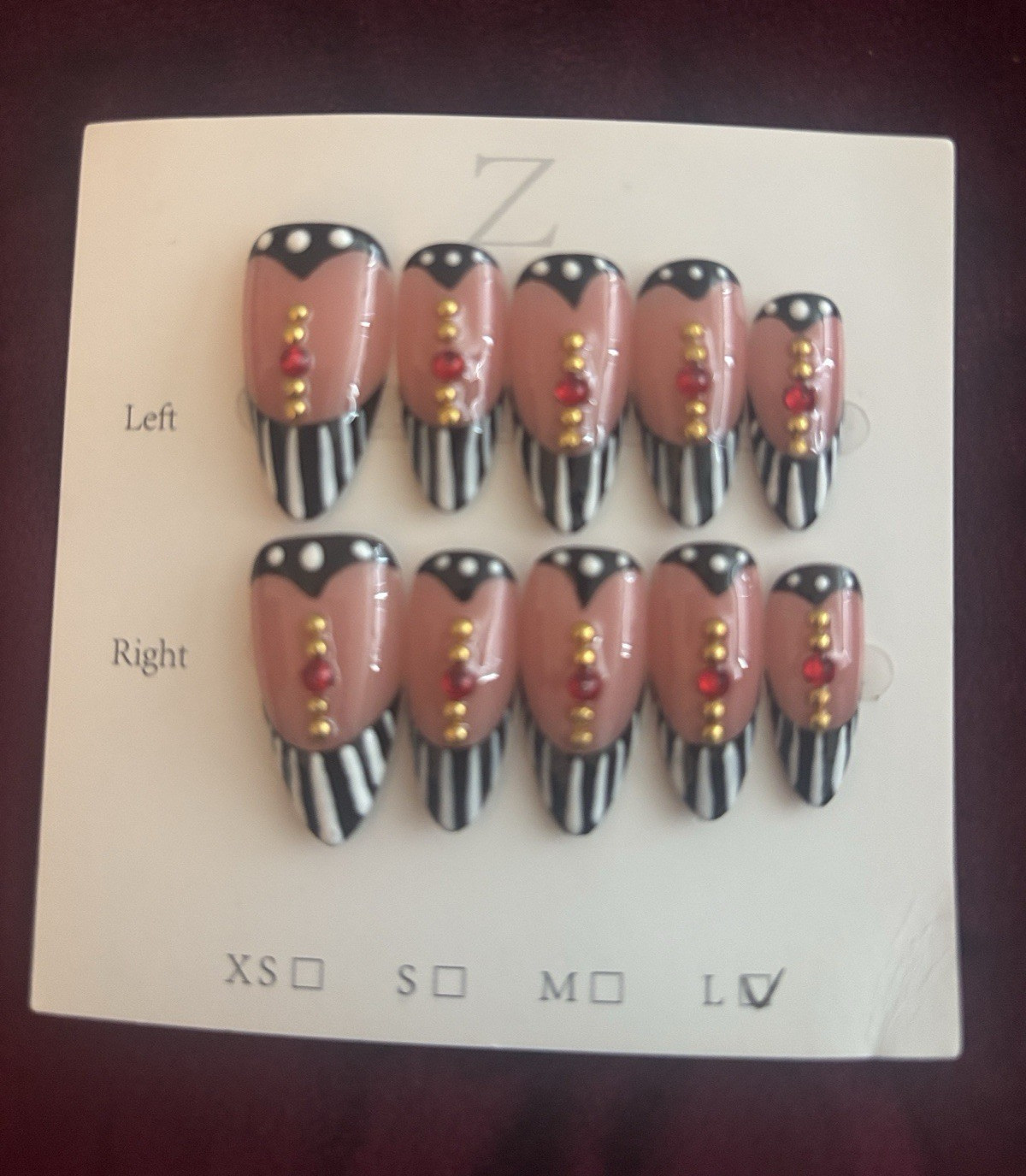 Press-On Nails Set Pink/Black/White Zebra 3D Rhinestones Long Almond Full Cover