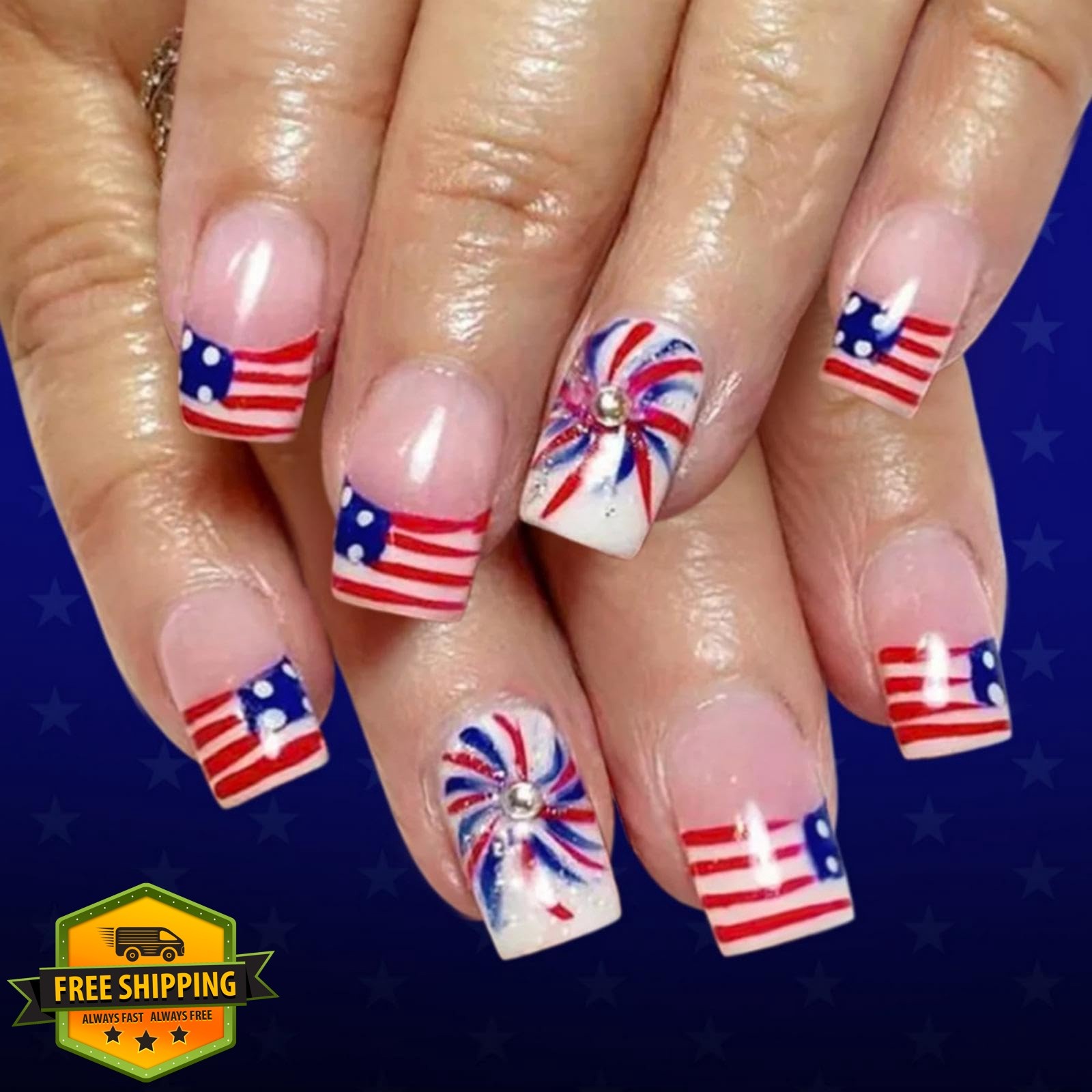 4th of July Press on Nails Medium Square Fake Nails with Fireworks Design Glo…