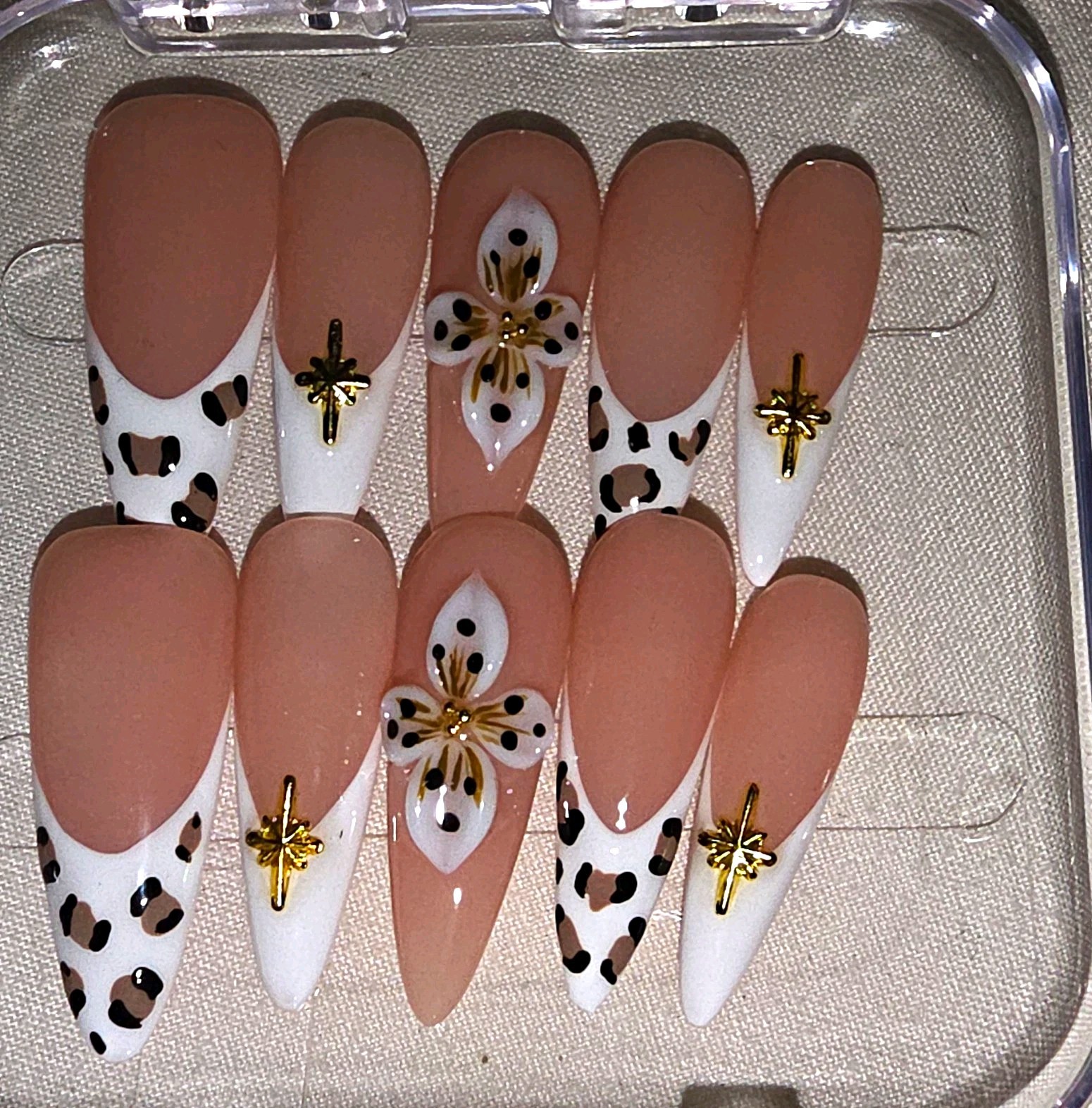 Press-On Nails Full Almond Cover Nude White Black Gold French Animal Acryli M