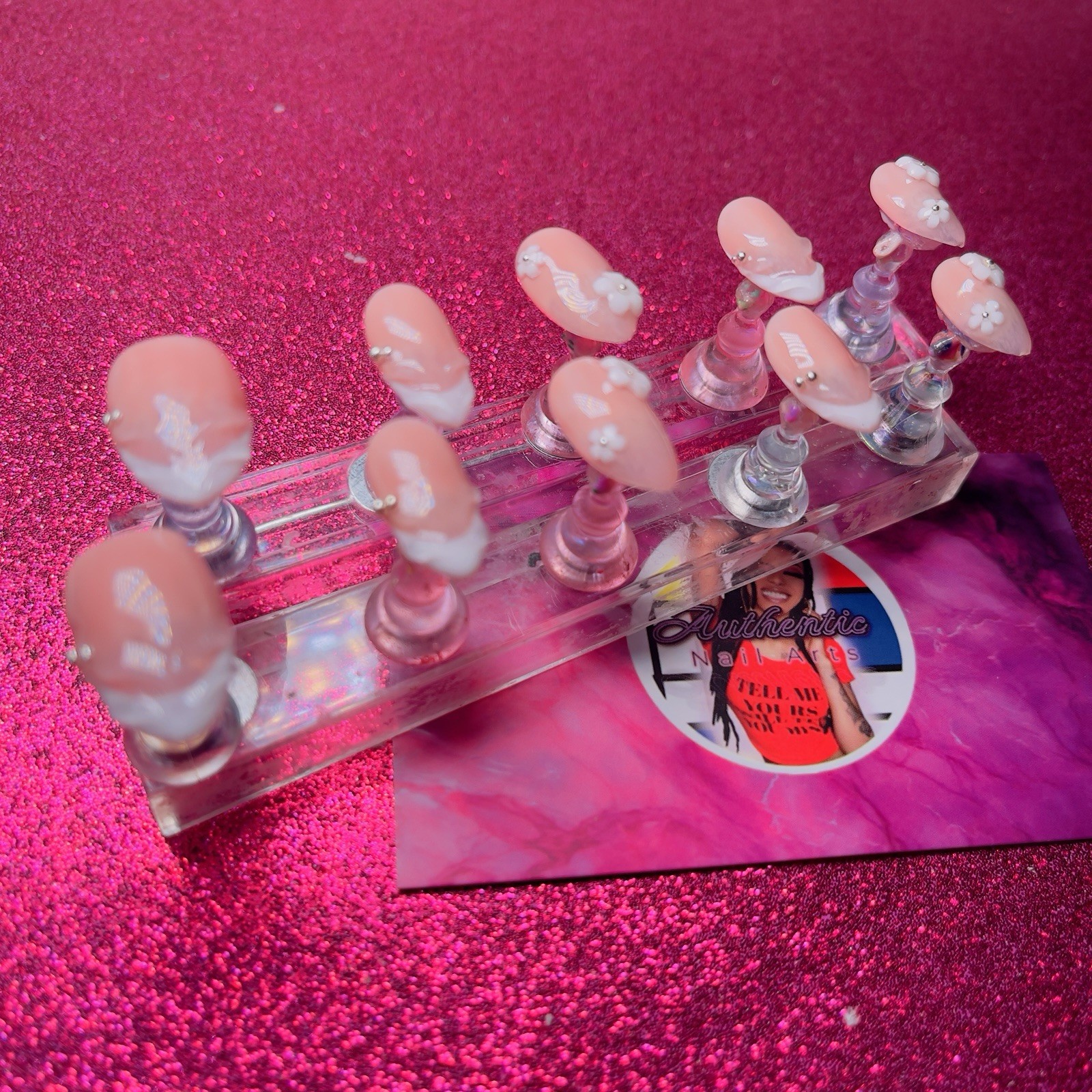 Almond Press-On Nails Peach White French 3D Flower by Authentic Nail Arts by Dia