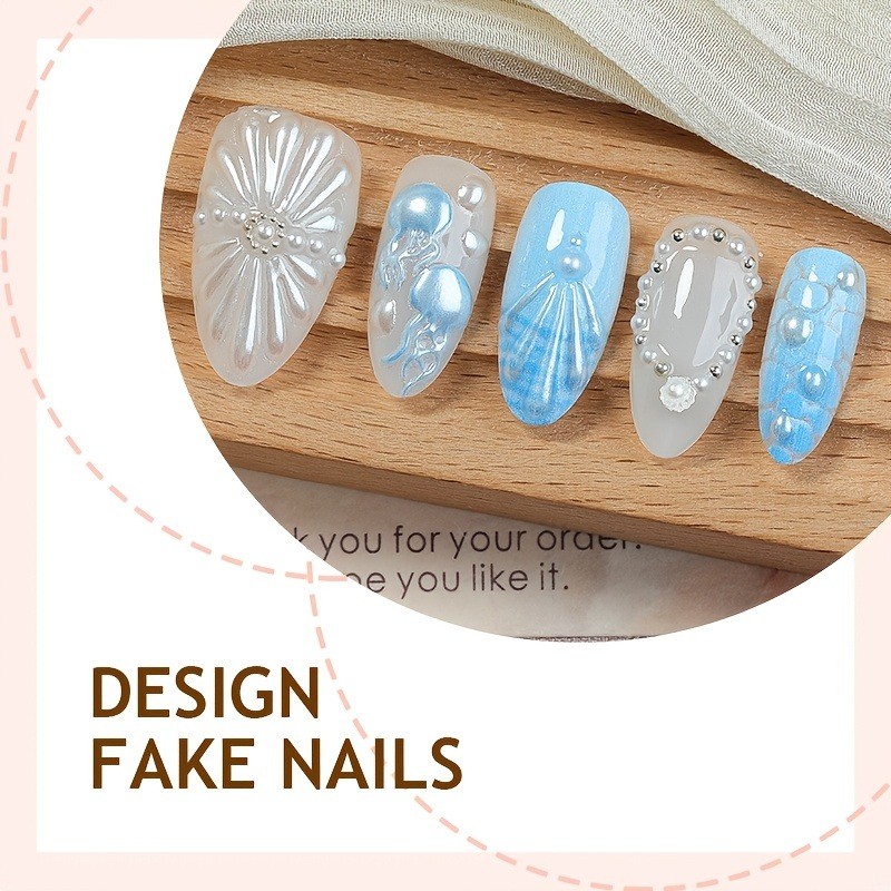 30pcs Summer Sea Shell Press on Nails Almond Shape with Jellyfish&Pearl Details