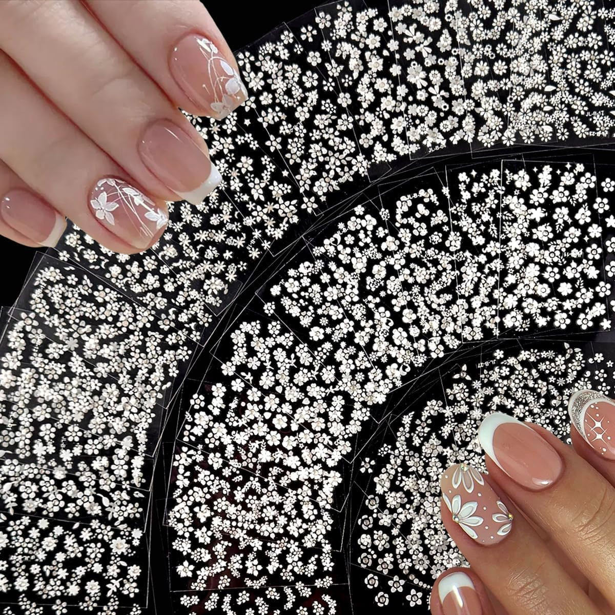 30 Sheets White Flower Nail Art Stickers with Rhinestones 3D Self Adhesive Desig