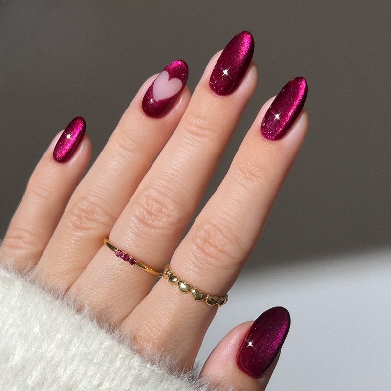 Red Wine Cat Eye Nails Press on Almond with Single Pink Heart and Glossy Sheen