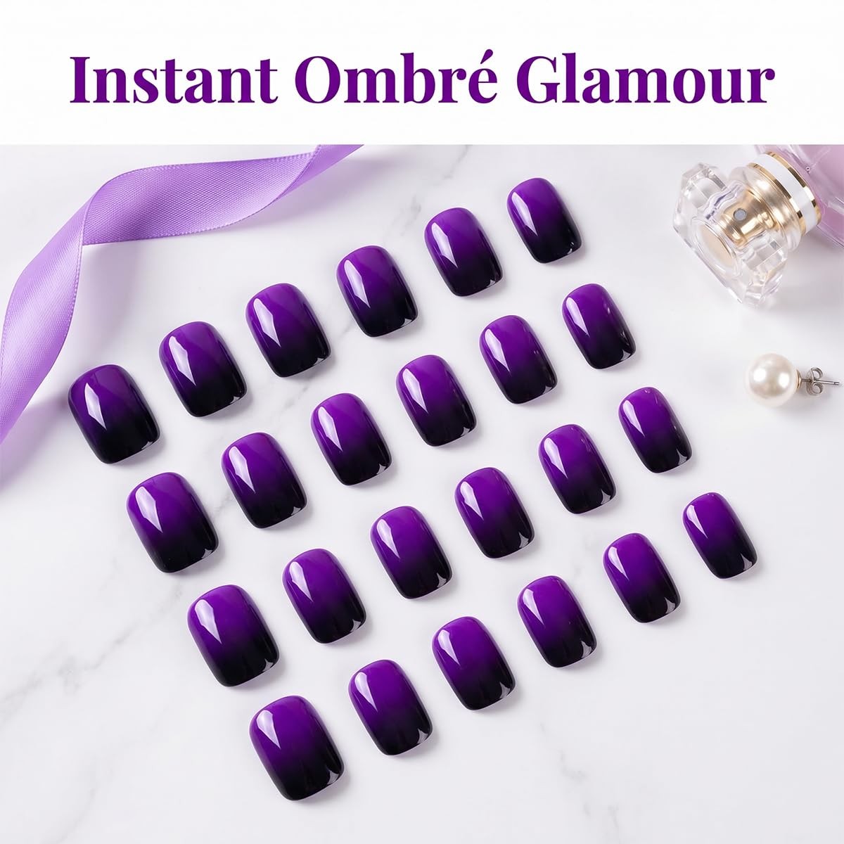 24Pcs Dark Purple Cat Eye Press On Nails,Medium Square Short Almond Metallic …