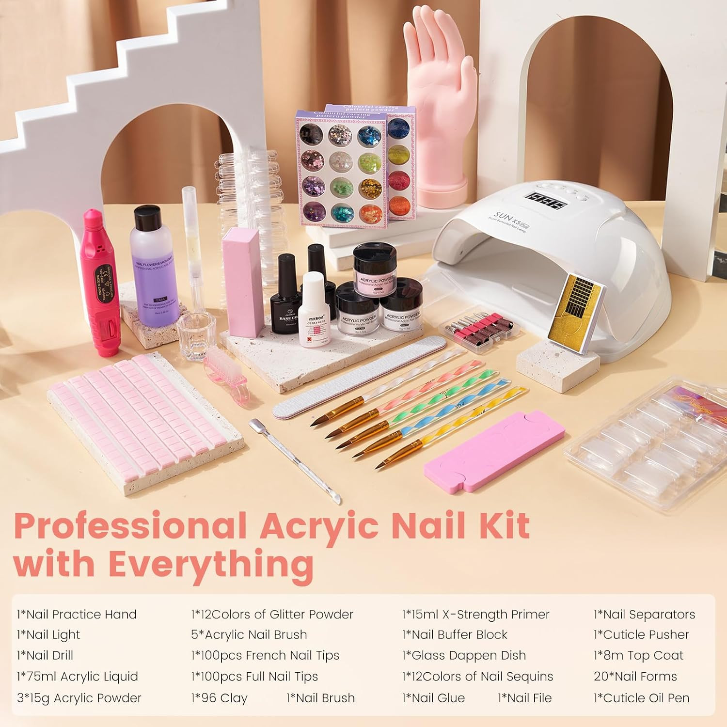 Nail Kit for Beginners with Everything: Practice Nail Hand U V Lamp Acrylic Nail