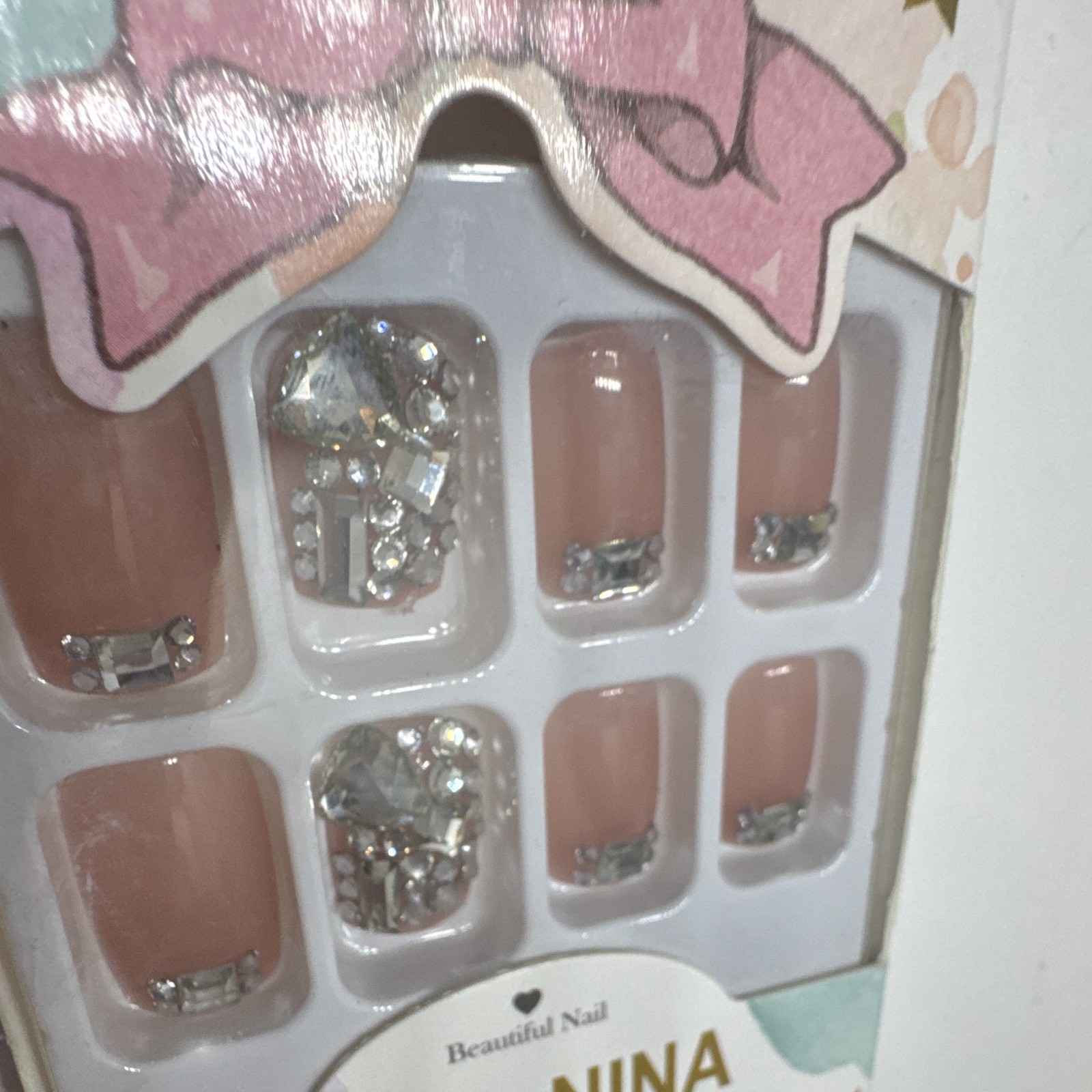 Nail Nina Press-On Nails Pink Silver 3D Shiny Square Full Cover Acrylic Set