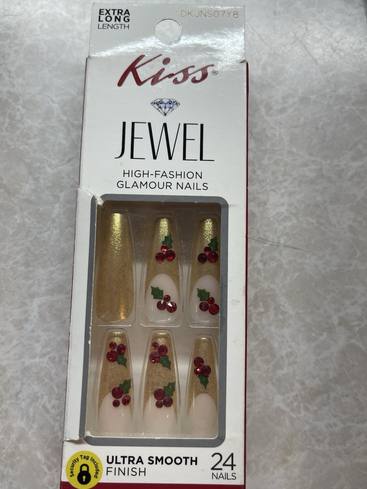 KISS Jewel Nails Extra Long 24 Ct Gold Holly Berry Design
