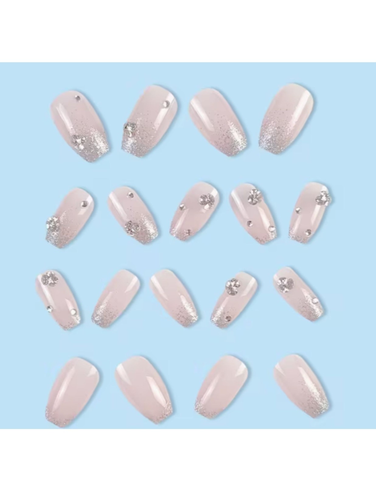 24pcs Glossy Short Coffin Press-On Nails – Pink French Style with Rhinestones