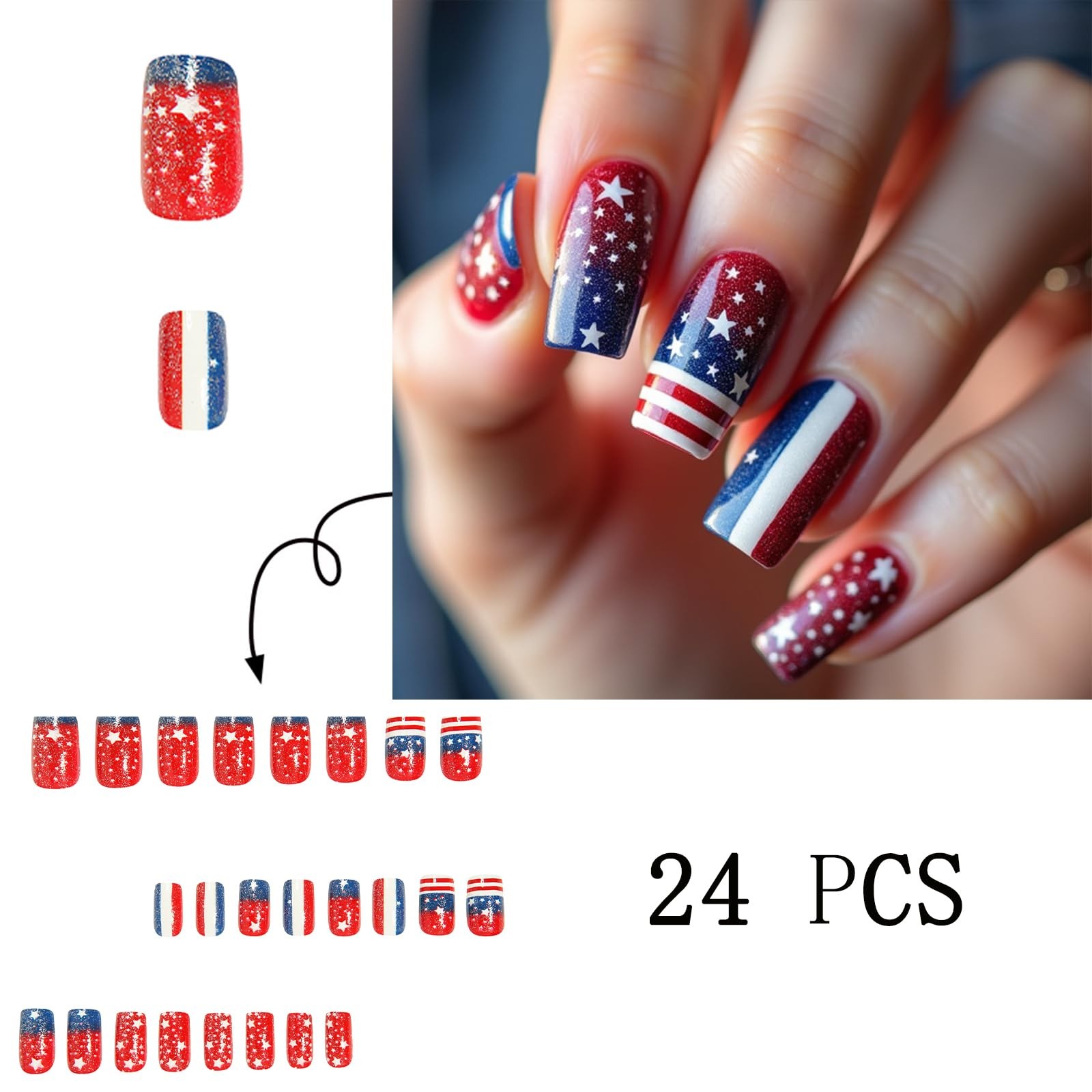 4th of July Five-pointed Star Press on Nails Short Square Multicolor