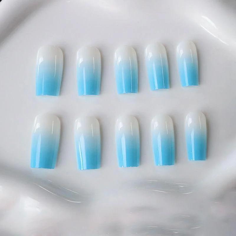 24PCS Press On Nails Square Gradient Blue Fake Nails With Long Acrylic Gloss