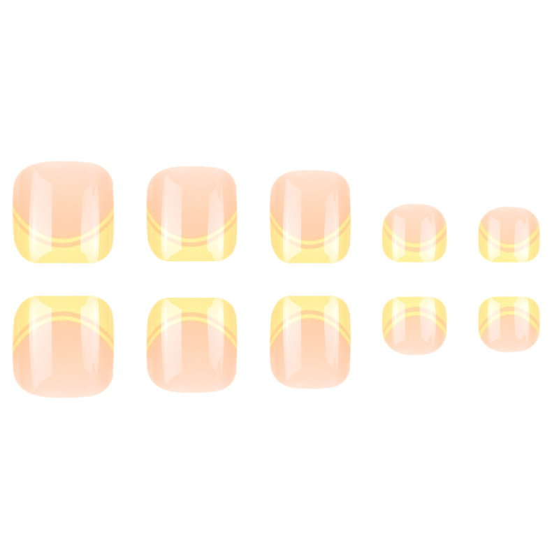 48P Short Square Toe Press on Nails, Nude Yellow Line French Fake Toenails
