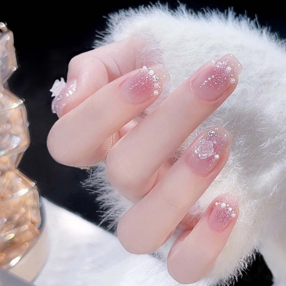 Fashion Press on Nails Camellia Pearl Floral Design with Glue Included MJ-303