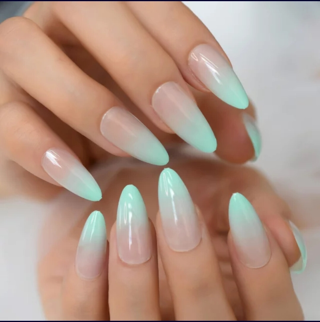 24 Press on nails kit w glue mint green ombre french almond pastel