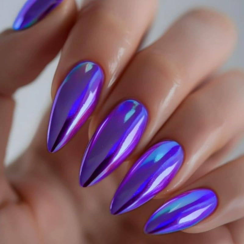 Purple Chrome Press on Nails Medium Almond Fake Nails Purple Metallic Mirror Fal