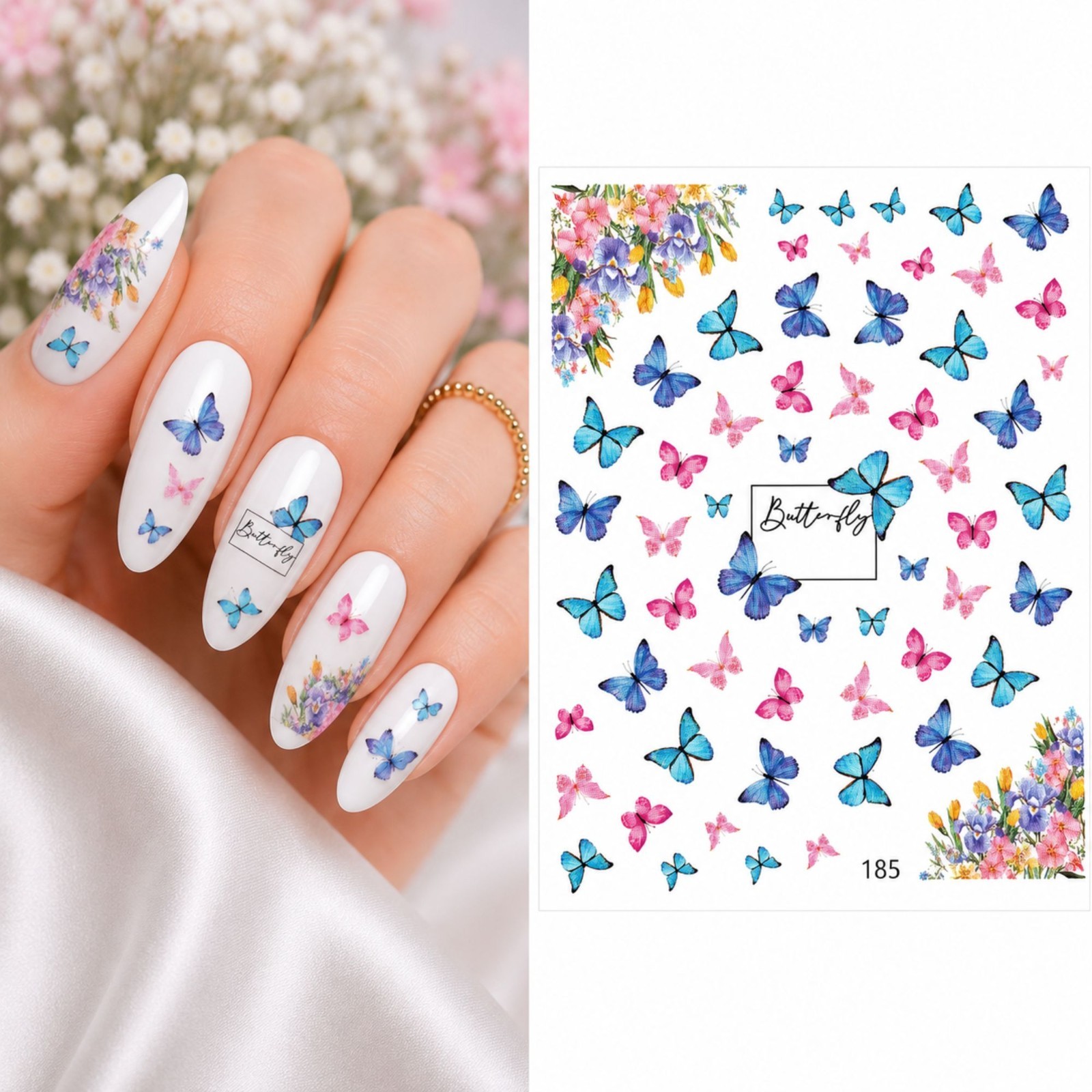 Pink Butterfly Water Transfer Nail Stickers Blue Insect Art Decals DIY Manicure