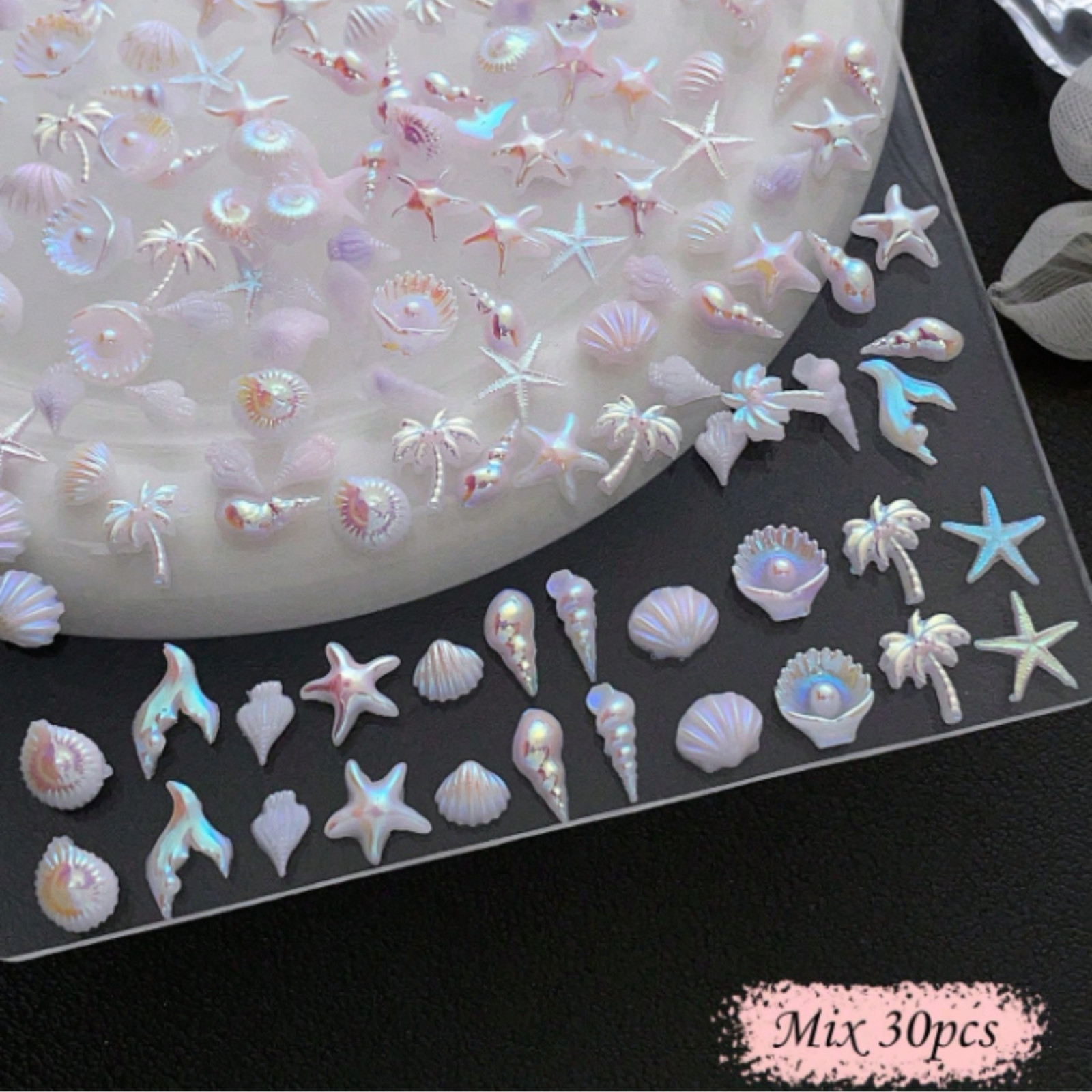 30pcs 3D Mermaid Nail Art Charms Mix Pink ABS Shell Starfish Dolphin DIY Decor