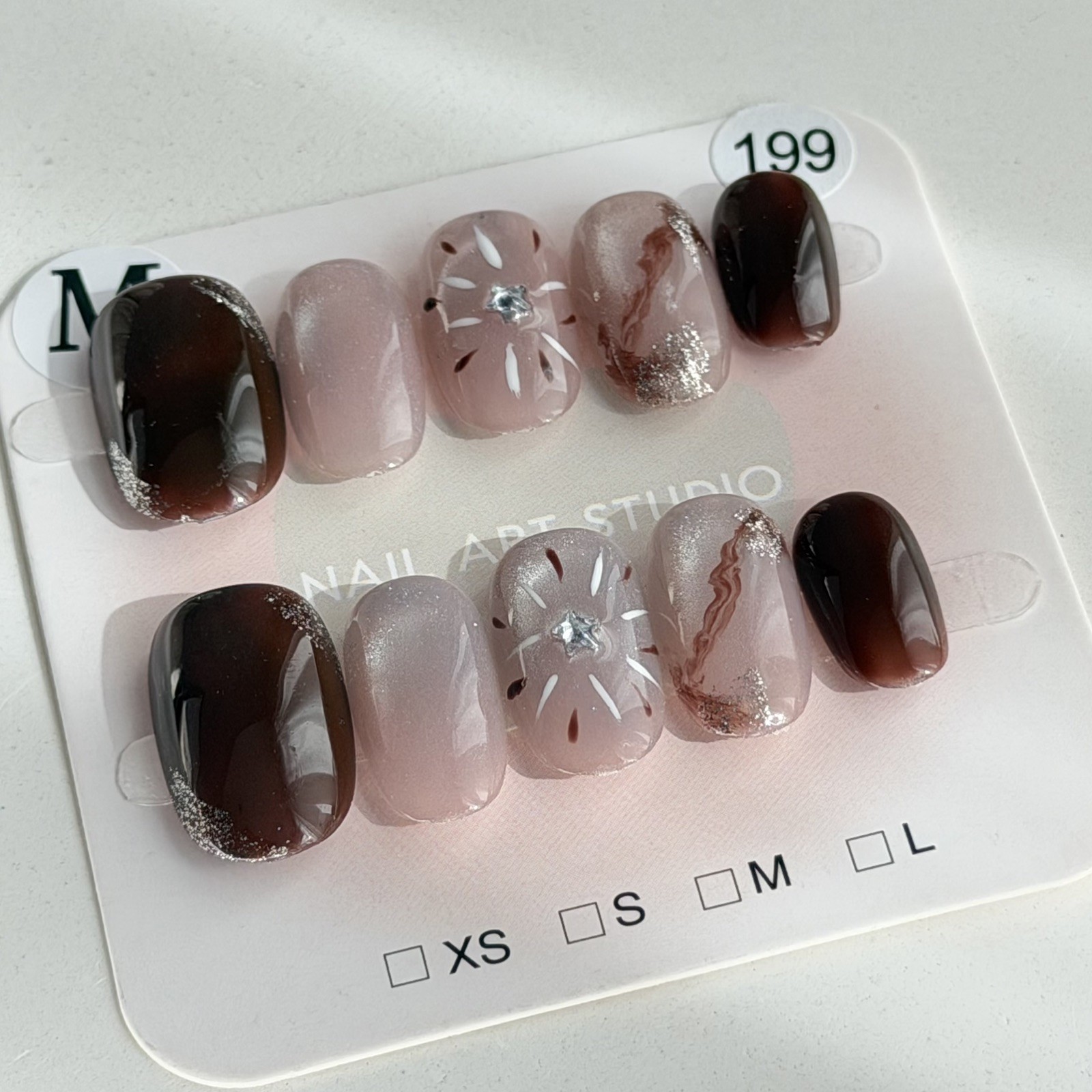 Handmade Pink Brown Fireworks Press-On Nails Short Oval Size M Reusable 199