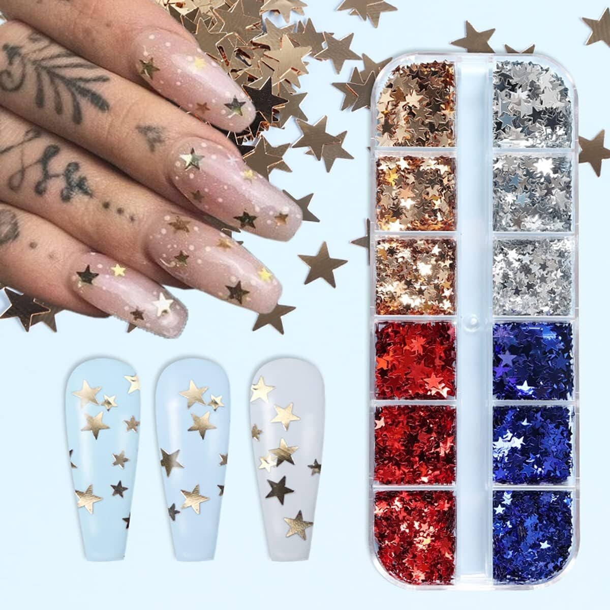 12 Grids Stars Nail Art Glitter Sequins 3D Holographic Nail Glitter Flakes Desig