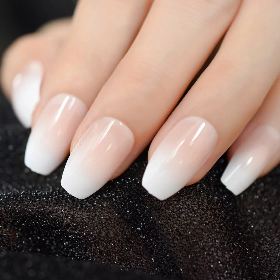 Ombre French Tip Gradient Medium Press On Nails With Glue coffin
