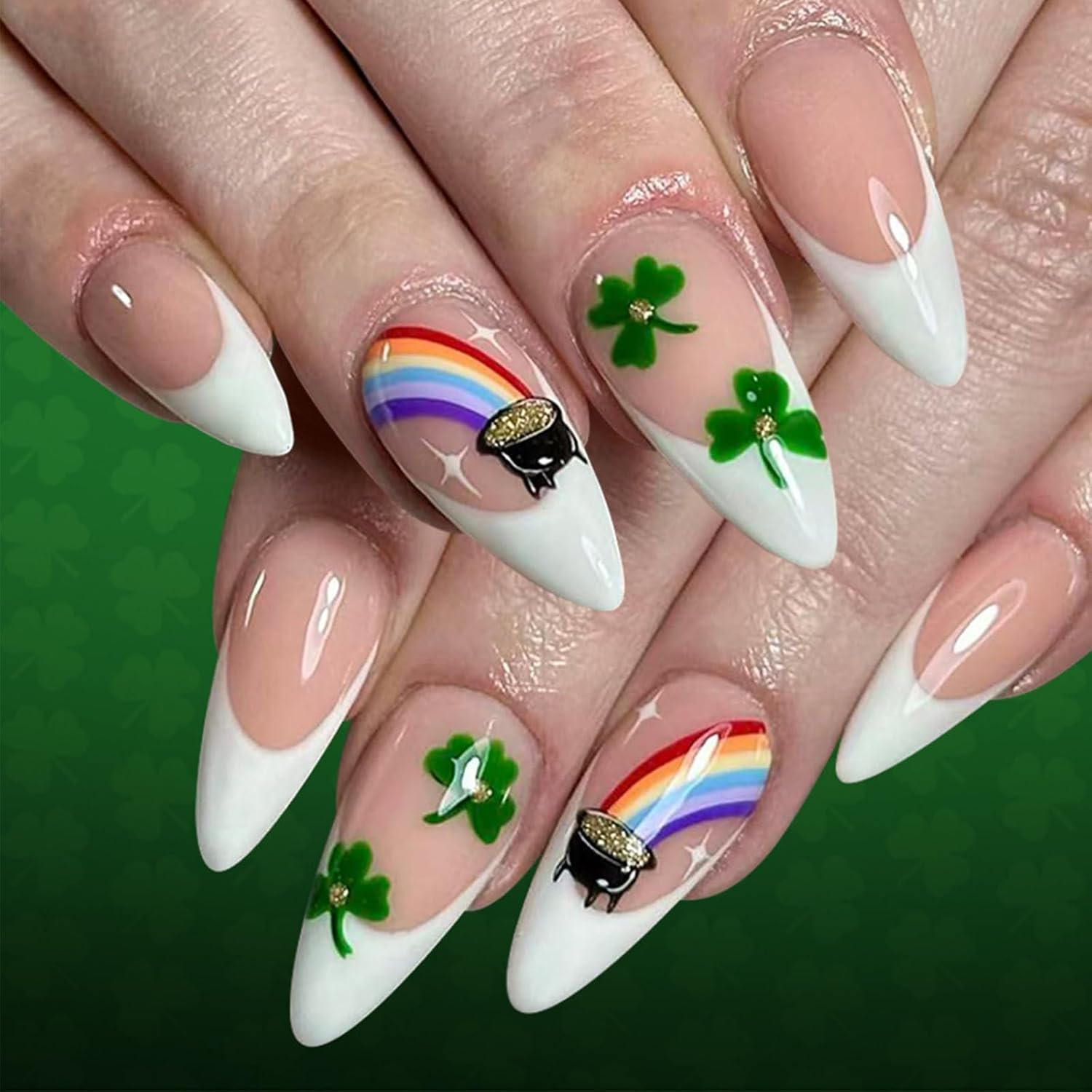 Cute Spring Press on Nails Almond Shape Medium Fake Nails with Small Flower Stra